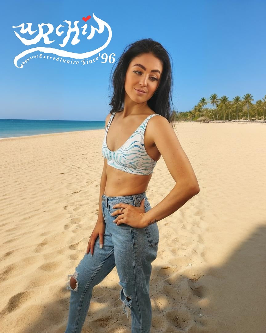 URCHIN Clothes & Swimwear. 'TATTOO WAVE' BLUE. Recycled high-waisted bikini.