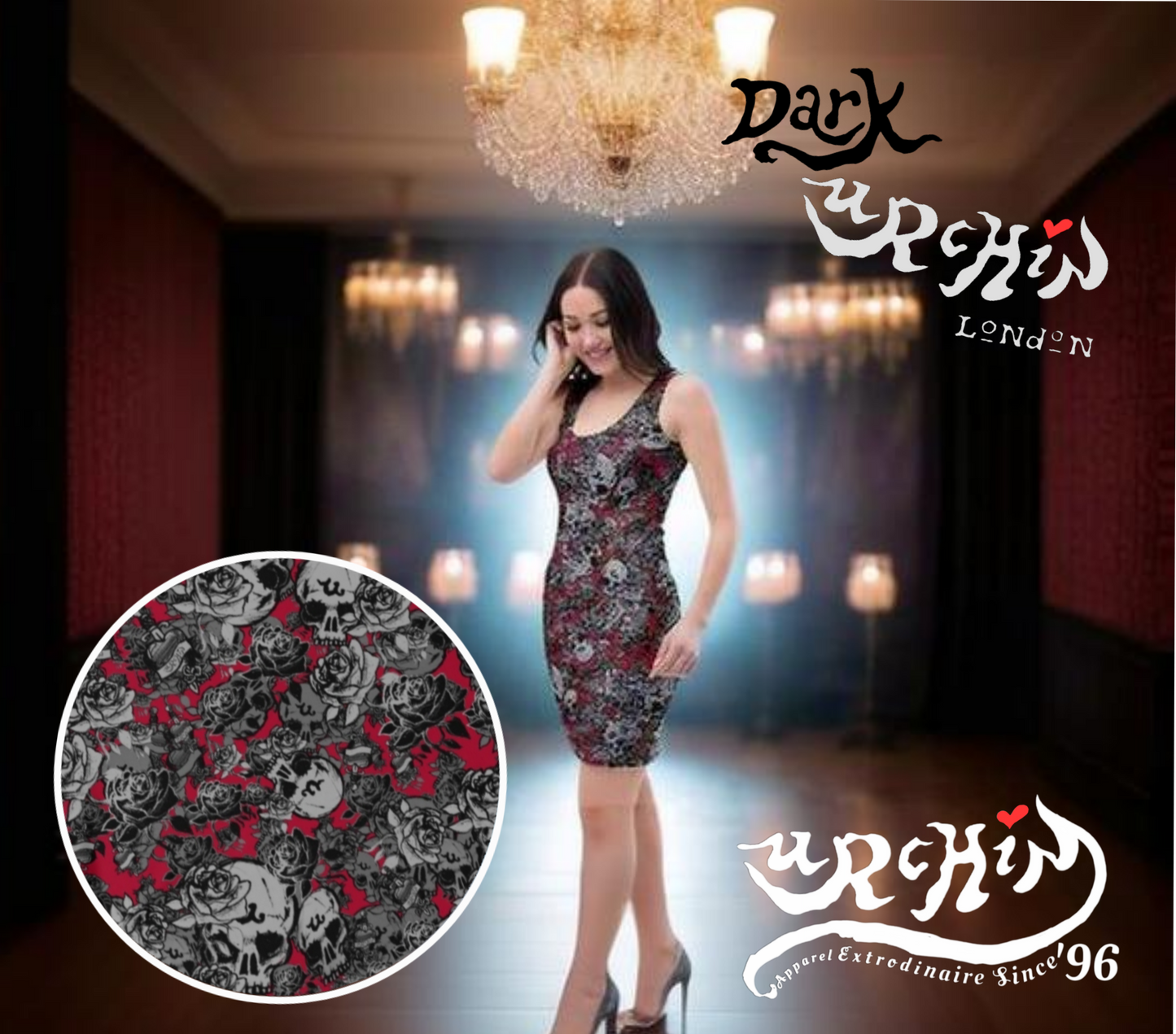 DARK URCHIN 'Skull Storm'. 'Dark Grape' (Deep Red). Women’s Bodycon Dress. Choice of Sizes.