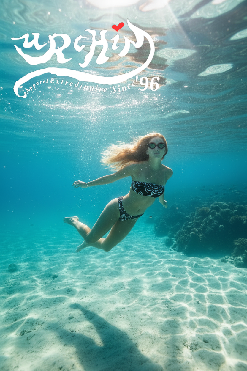 URCHIN Swimwear 'TATTOO WAVE' White Stripe. Recycled Bandeau Style Bikini. Choice of Sizes.