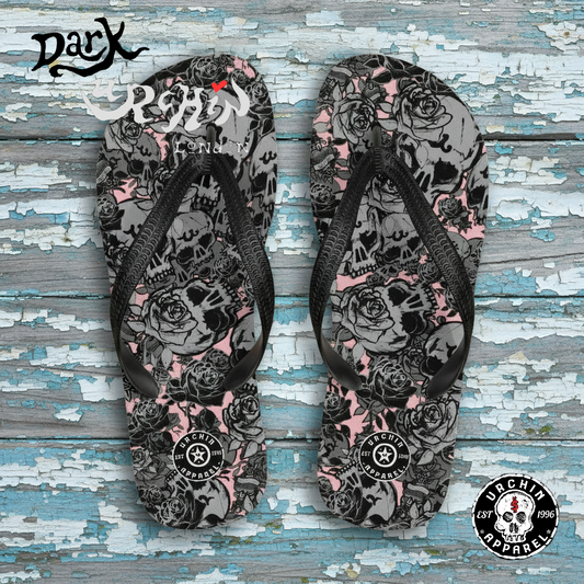 DARK URCHIN-'U Skull Storm' Skulls, Hearts Daggers, & Roses Flip-Flops. Colour 'Coral' (Pink) Choice of Sizes.