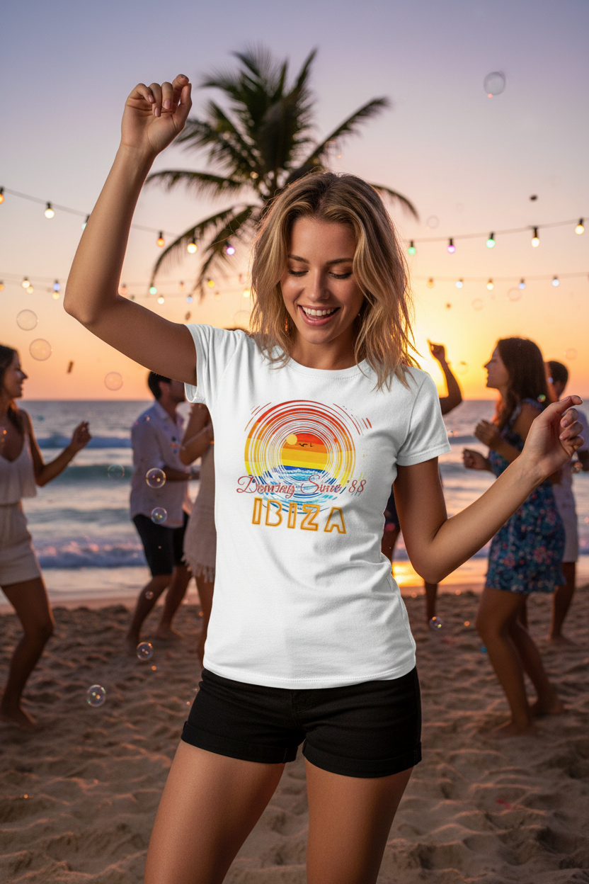 URCHIN 'Ibiza Sunset Spin'. White T Shirt. Unisex. Choice of Sizes