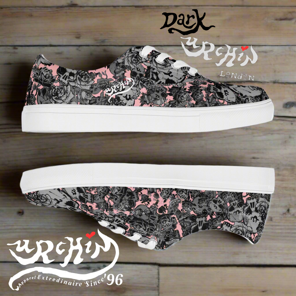 DARK URCHIN 'Skull Storm'. Pink. Women’s lace-up Canvas Sneakers. Black or White Detailing.