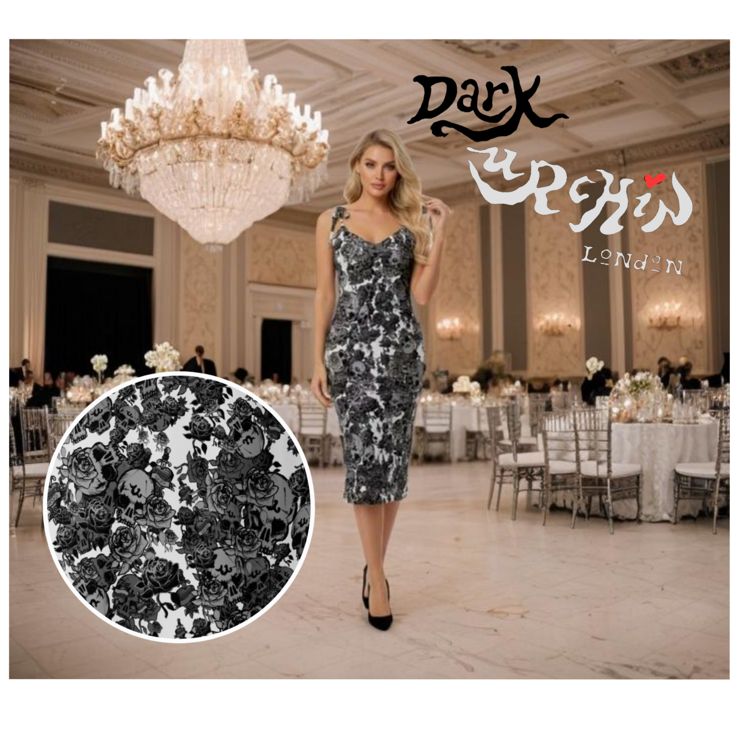 DARK URCHIN-'Skull Storm' Tie-strap midi dress. Colour 'Silver' ( light Grey). Choice of Sizes.