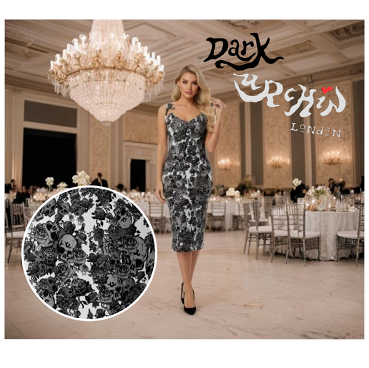 DARK URCHIN-'Skull Storm' Tie-strap midi dress. Colour 'Silver' ( light Grey). Choice of Sizes.