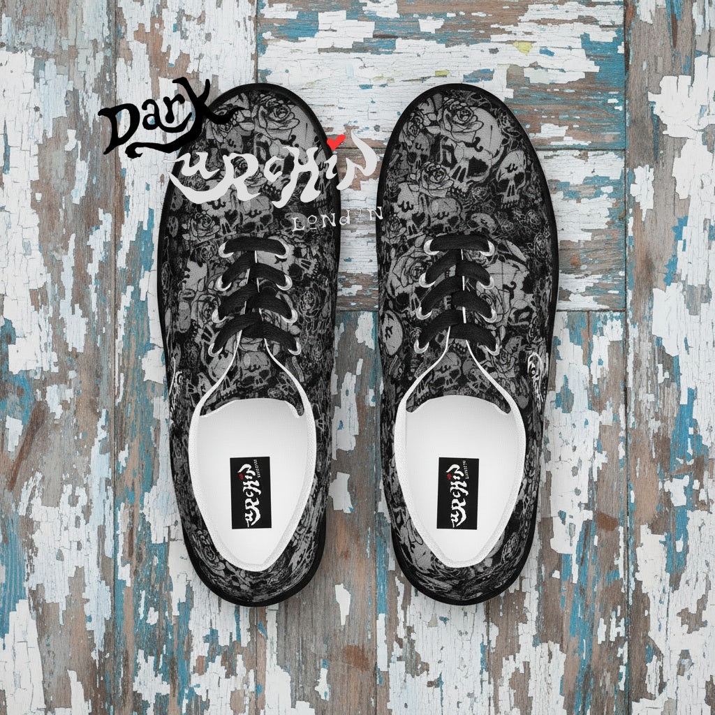URCHIN 'Skull Storm'. 'Night' (Black). Women’s lace-up Canvas Sneakers. Choice of Sizes. Black or White Detailing.