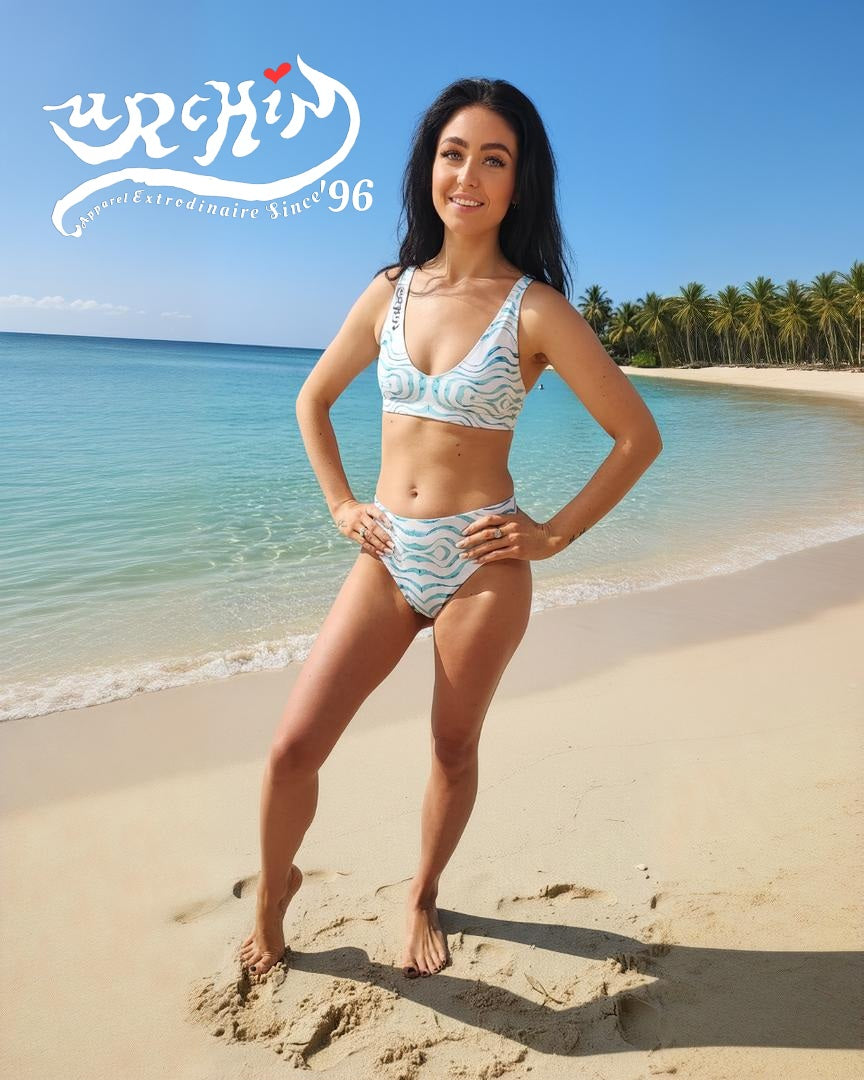 URCHIN Clothes & Swimwear. 'TATTOO WAVE' BLUE. Recycled high-waisted bikini.