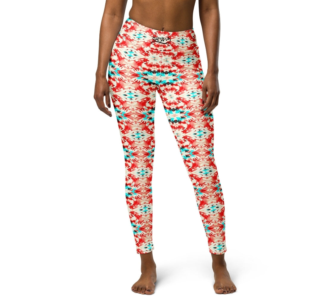 URCHIN Clothes & Sportswear 'CORAL SEA' Red and Blue Tie Dye. Yoga Leggings. Choice of Sizes.