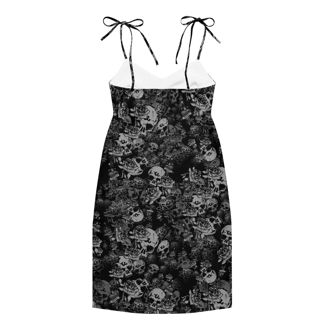 DARK URCHIN-'U Skull Storm' Skulls, Hearts Daggers, & Roses Tattoo Design. Tie-strap midi dress. Colour 'Night' (Black) Choice of Sizes.