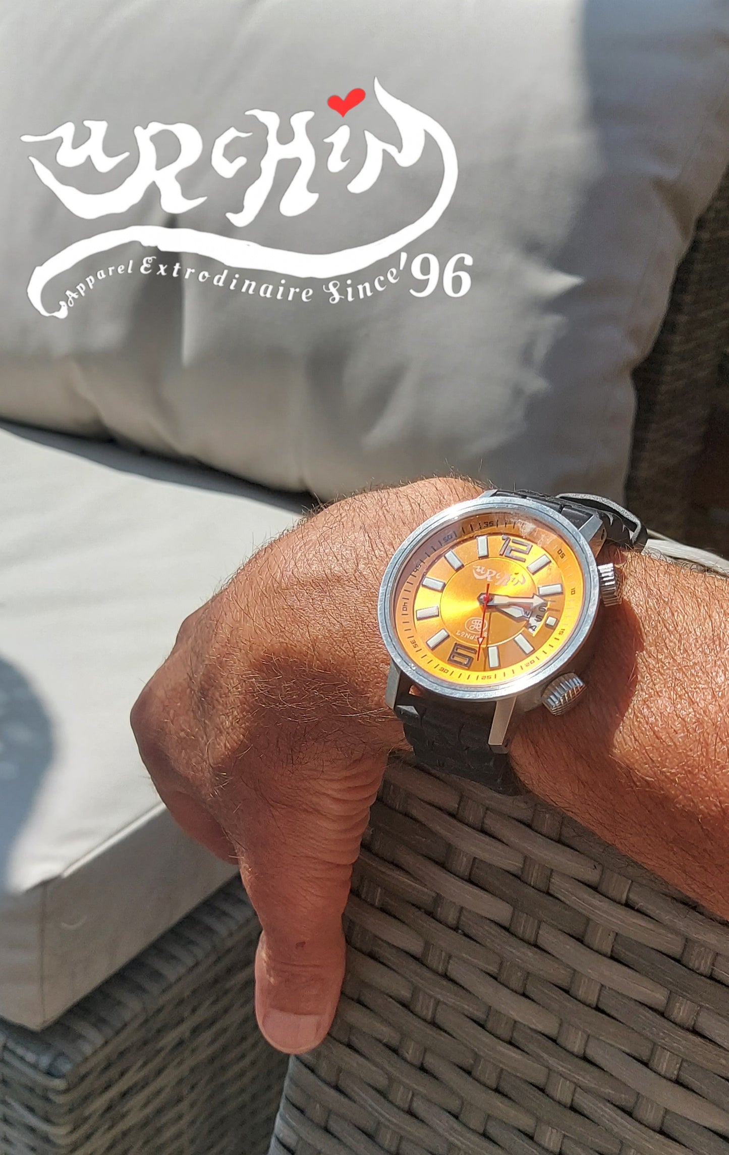 URCHIN Accessories & Watches. Orange 'RETRO DIVER' 'Urchin London' Logo Steel Watch. Rubber Strap. *To Order pnly.