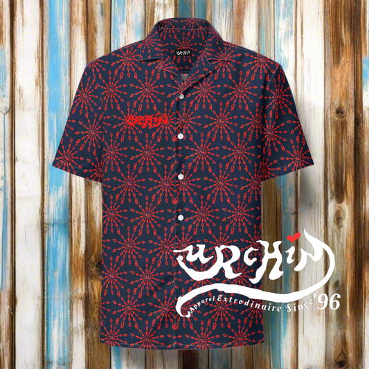 URCHIN 'U FIREWORK'. RED/BLUEBERRY Unisex button shirt. Multiple Sizes.