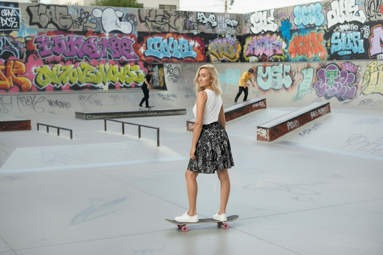 DARK URCHIN 'Skull Storm' Skater Skirt. Colour 'Metal' (Grey) Choice of Sizes.