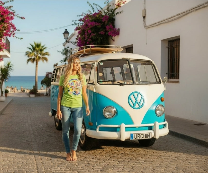 URCHIN 'LOVE IBIZA' Retro Hippy Graphic T-Shirt - Unisex '70s Summer Vibe Streetwear. Light Colours