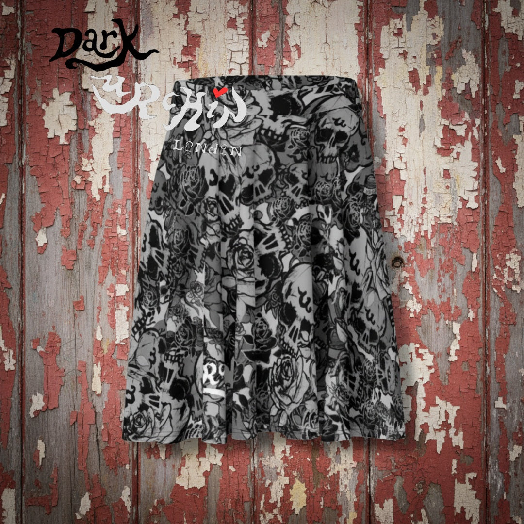 DARK URCHIN 'Skull Storm' Skater Skirt. Colour 'Metal' (Grey) Choice of Sizes.