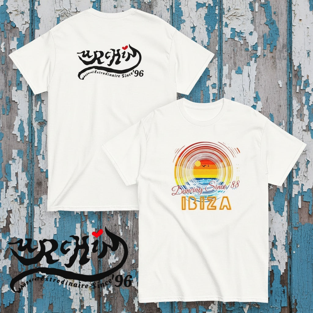URCHIN 'Ibiza Sunset Spin'. White T Shirt. Unisex. Choice of Sizes