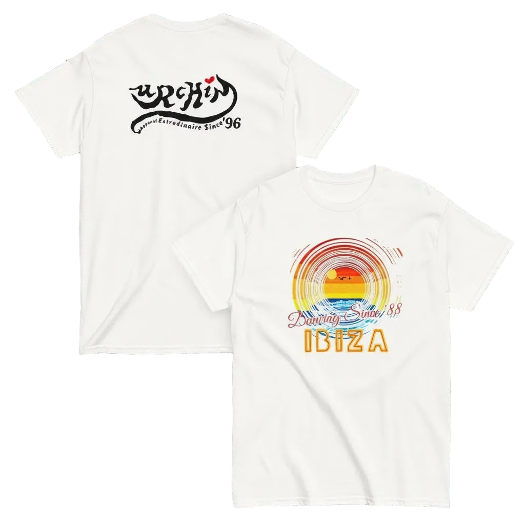 URCHIN 'Ibiza Sunset Spin'. White T Shirt. Unisex. Choice of Sizes