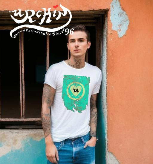 URCHIN Clothes -'LOVE U' Cream on Blue- Old Poster. Cotton T Shirt. Choice of Colours. Unisex.