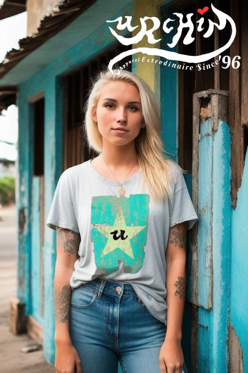 URCHIN Clothes -'U STAR' Cream on Blue- Old Poster. Cotton T Shirt. Choice of Colours. Unisex.