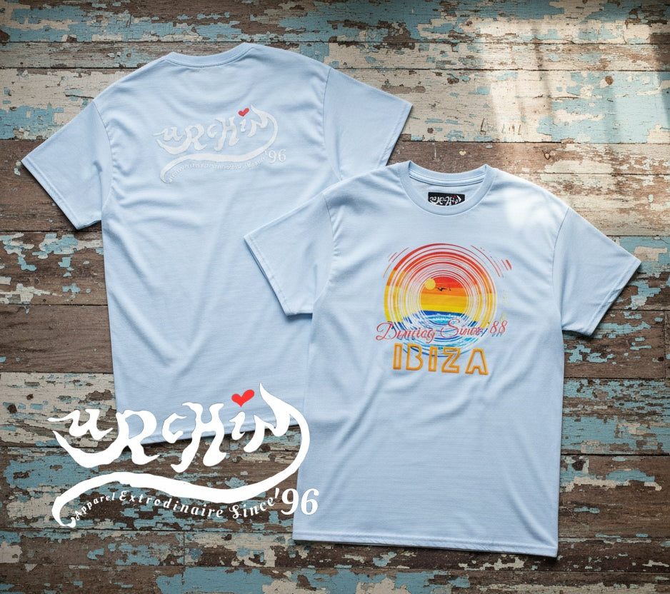 URCHIN 'Ibiza Sunset Spin' Unisex T Shirt. Light Colours.