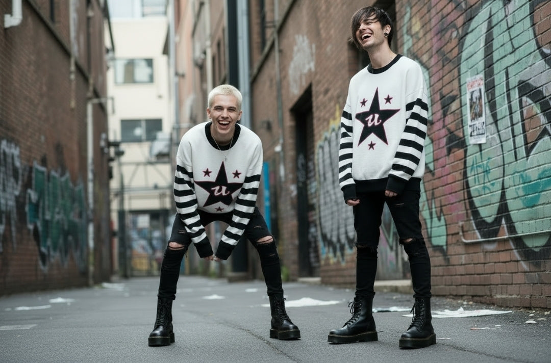 DARK URCHIN 'U STAR' MENACE Unisex Relaxed fit knitted crew neck sweater. Black Star.