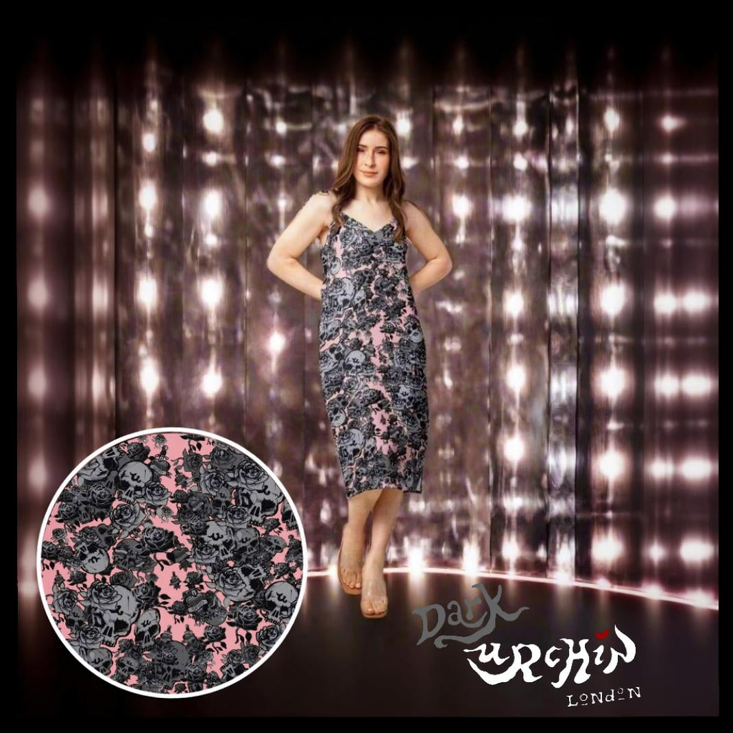 DARK URCHIN-'U Skull Storm' Skulls, Hearts Daggers, & Roses Tattoo Design. Tie-strap midi dress. Colour 'Blush' ( Deep Pink) Choice of Sizes.
