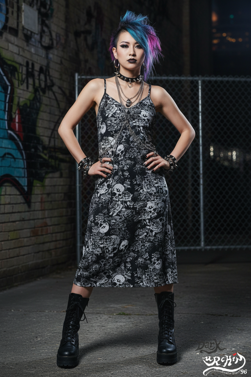 DARK URCHIN-'Skull Storm' Tie-strap midi dress. Colour 'Night' (Black).