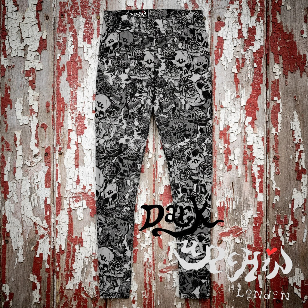 DARK URCHIN-'U Skull Storm' Skulls, Hearts Daggers, & Roses Leggings. Colour 'Metal' (Grey) Choice of Sizes.