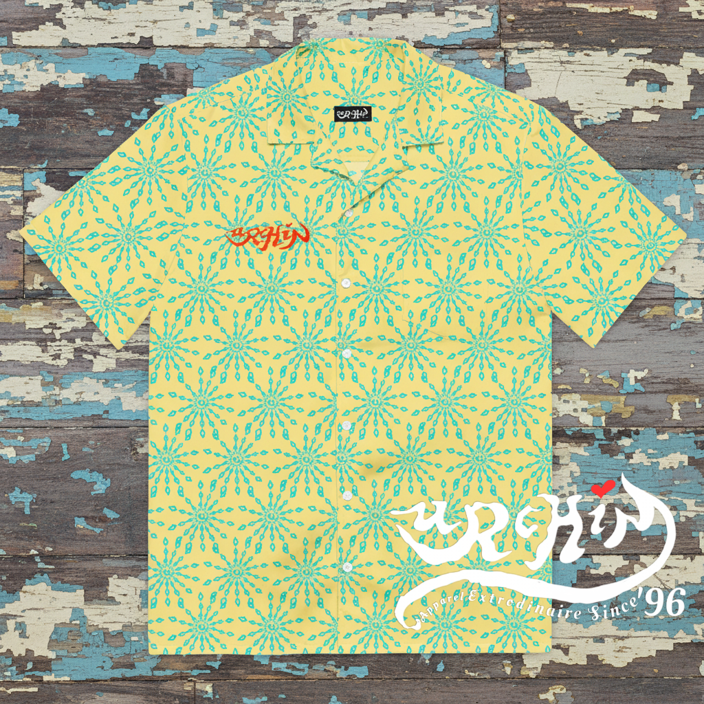 URCHIN 'U FIREWORK'. BLUE/PINEAPPLE Unisex button shirt. Multiple Sizes.
