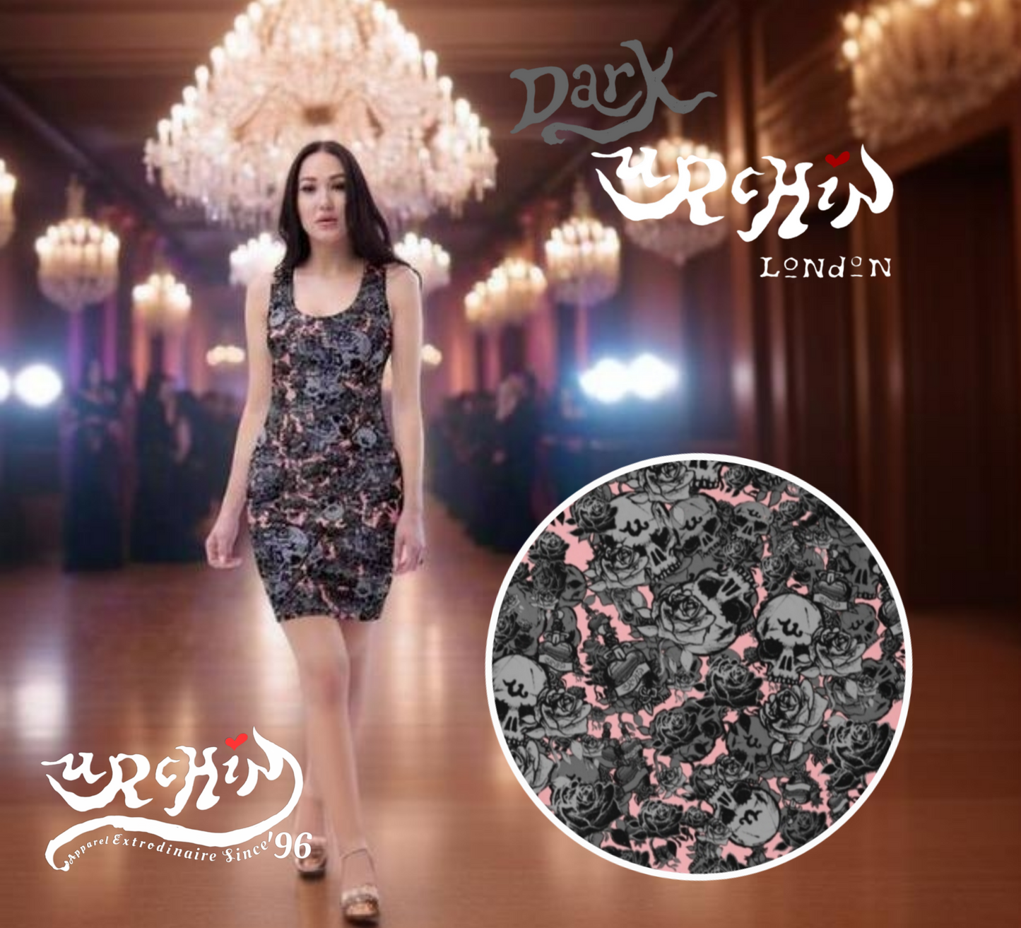 DARK URCHIN 'Skull Storm'. 'CORAL' (Pink). Women’s Bodycon Dress. Choice of Sizes