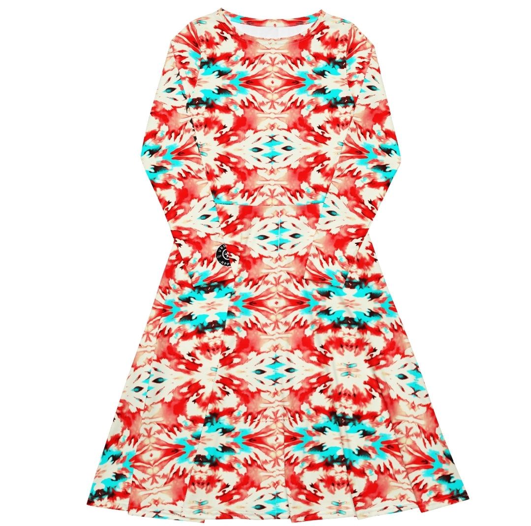 URCHIN 'CORAL SEA' Long Sleeve Midi Dress. Red and Blue Tie Dye Print.