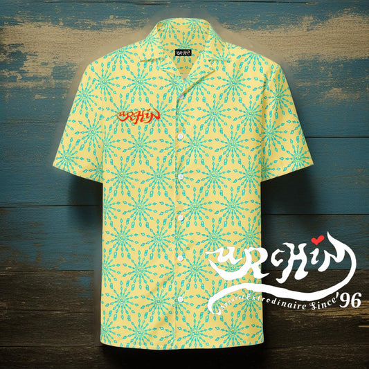 URCHIN 'U FIREWORK'. BLUE/PINEAPPLE Unisex button shirt. Multiple Sizes.