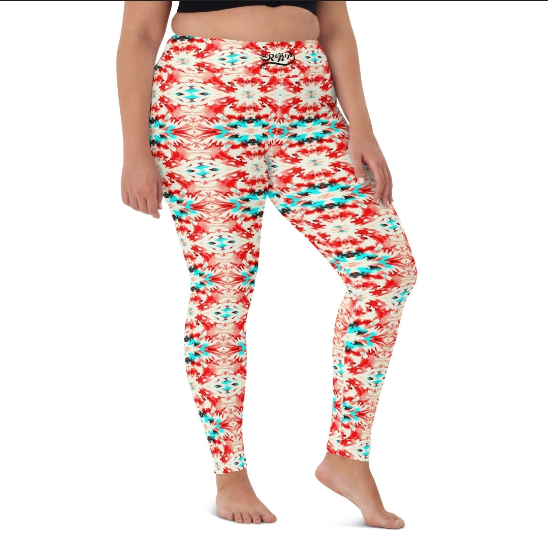 URCHIN Clothes & Sportswear 'CORAL SEA' Red and Blue Tie Dye. Yoga Leggings. Choice of Sizes.