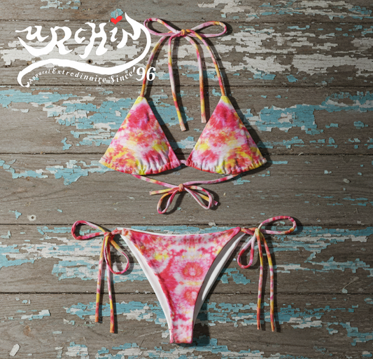 URCHIN 'PEACH MELBA' Original Tie Dye Print, recycled string bikini