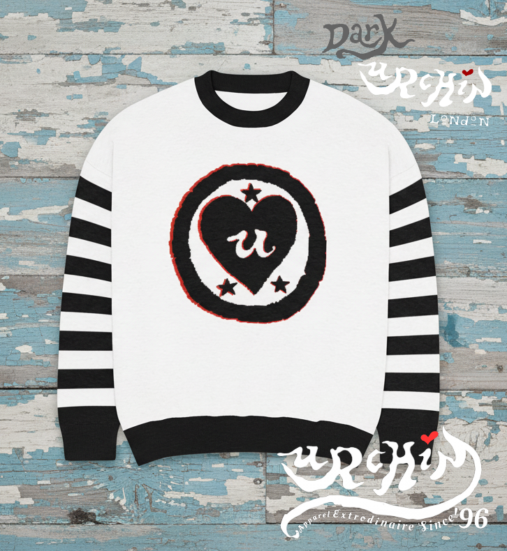 DARK URCHIN 'LOVE U' MENACE Relaxed fit knitted crew neck sweater. Black Heart. XL