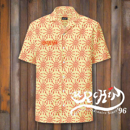 URCHIN 'U FIREWORK'. RED/BANANA Unisex button shirt. Multiple Sizes.