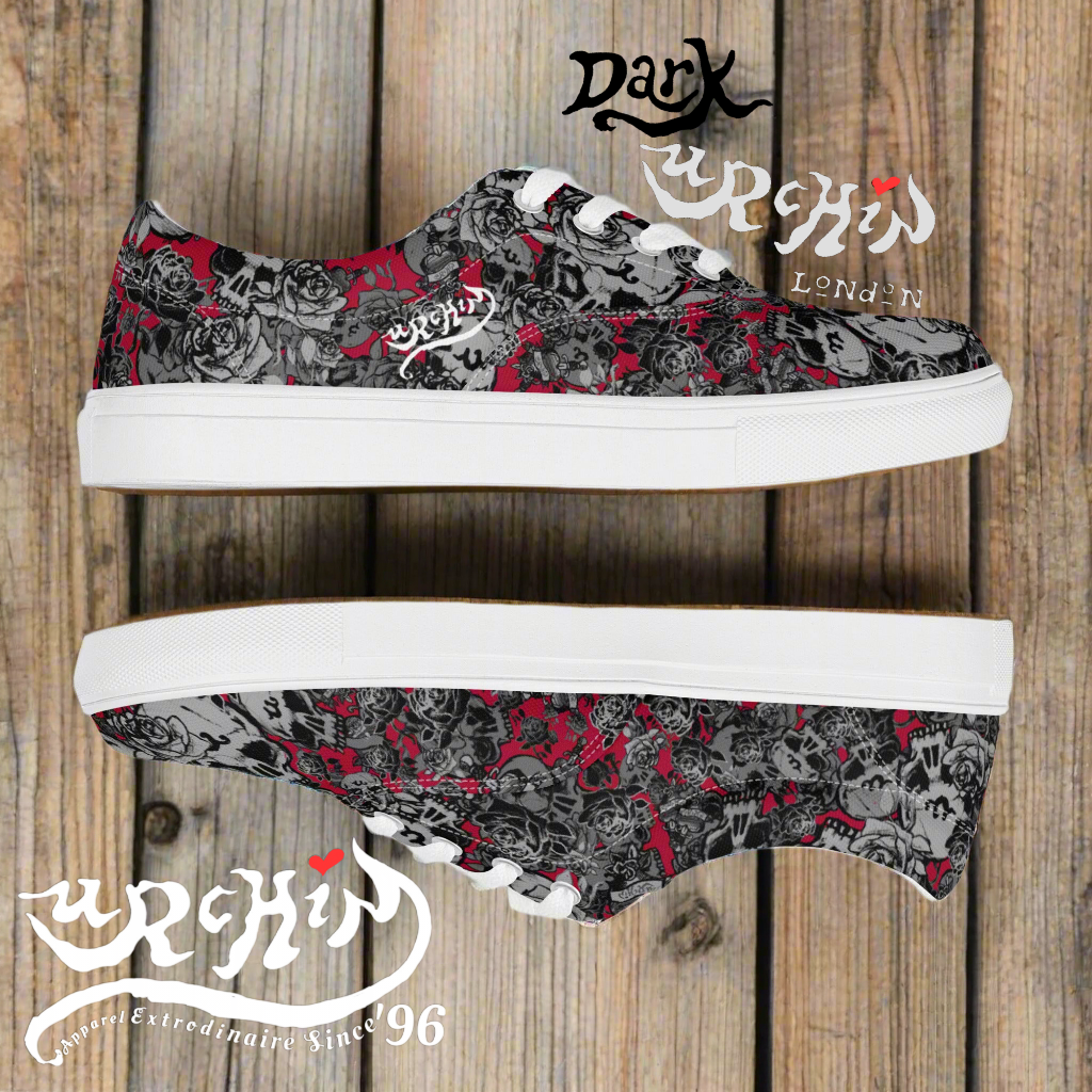 DARK URCHIN 'Skull Storm'. Deep Red. Women’s lace-up Canvas Sneakers. Black or White Detailing.