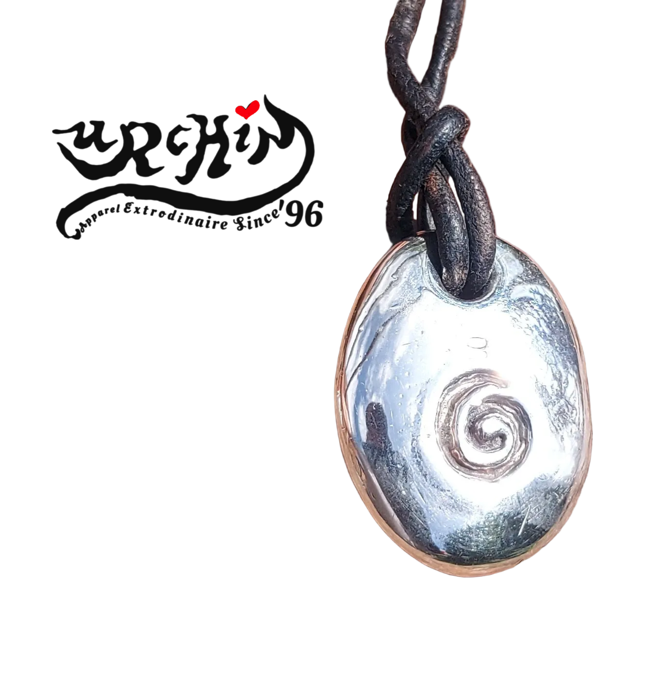 URCHIN -'Spiral' Unisex Drop Disc Urchin Logo Pendant. Solid Silver, Hallmarked. Hand-made in UK.