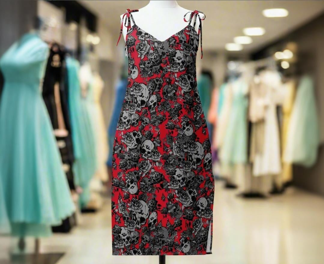 DARK URCHIN-'U Skull Storm' Skulls, Hearts Daggers, & Roses Tattoo Design. Tie-strap midi dress. Colour 'Grape'(Red) Choice of Sizes.