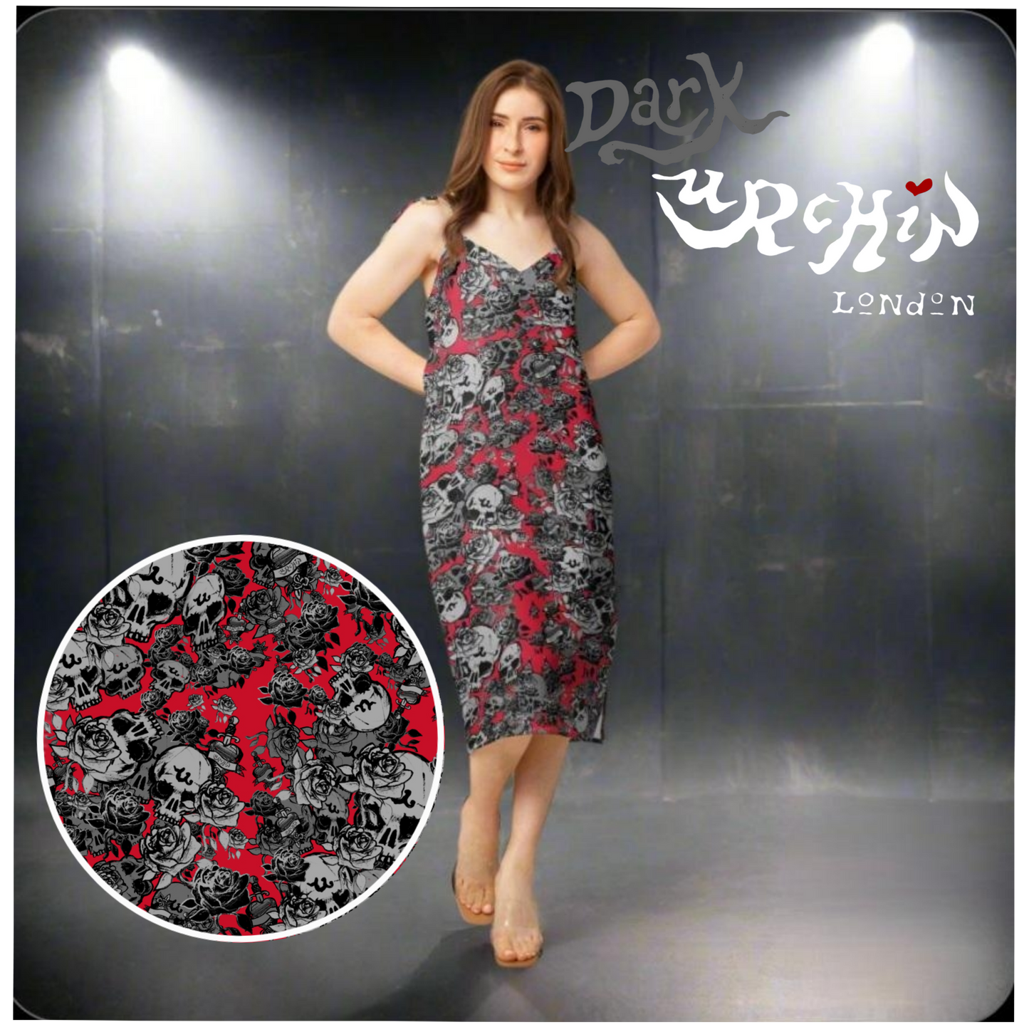 DARK URCHIN-'U Skull Storm' Skulls, Hearts Daggers, & Roses Tattoo Design. Tie-strap midi dress. Colour 'Grape'(Red) Choice of Sizes.