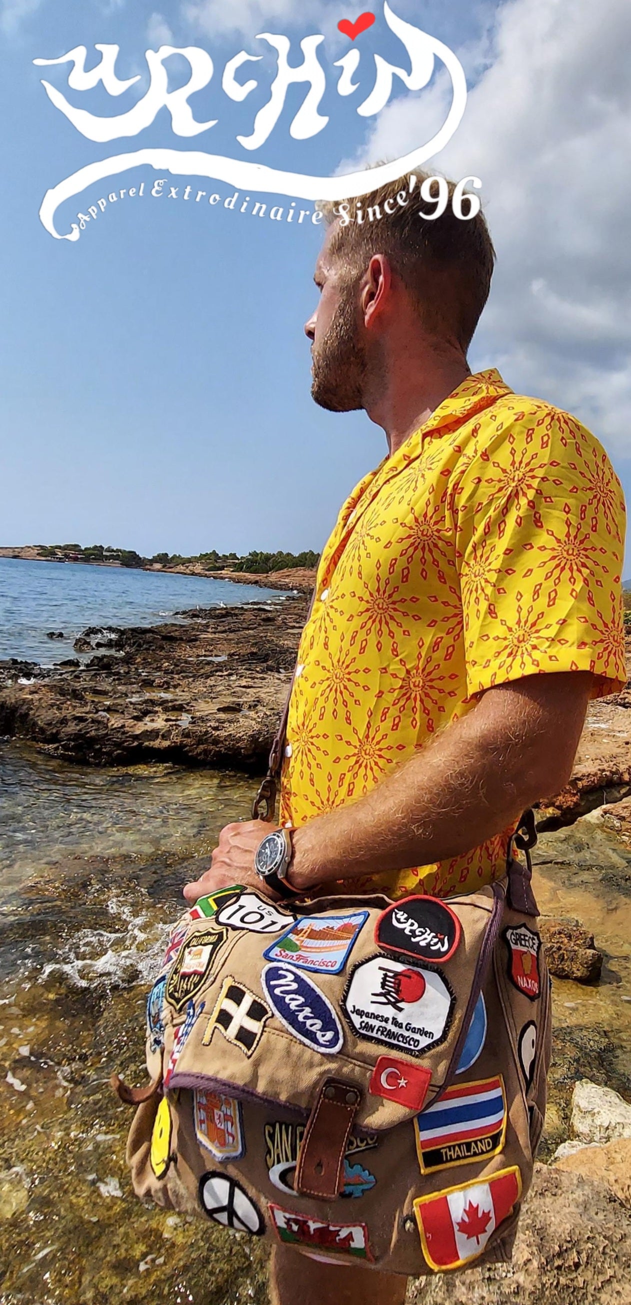 URCHIN 'U FIREWORK'. RED/MANGO Unisex button shirt. Multiple Sizes.