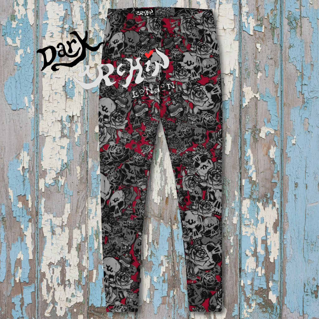 DARK URCHIN-'U Skull Storm' Skulls, Hearts Daggers, & Roses Leggings. Colour 'Wine' (Deep Red) Choice of Sizes.