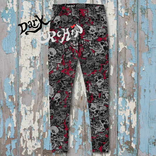 DARK URCHIN-'U Skull Storm' Skulls, Hearts Daggers, & Roses Leggings. Colour 'Wine' (Deep Red) Choice of Sizes.