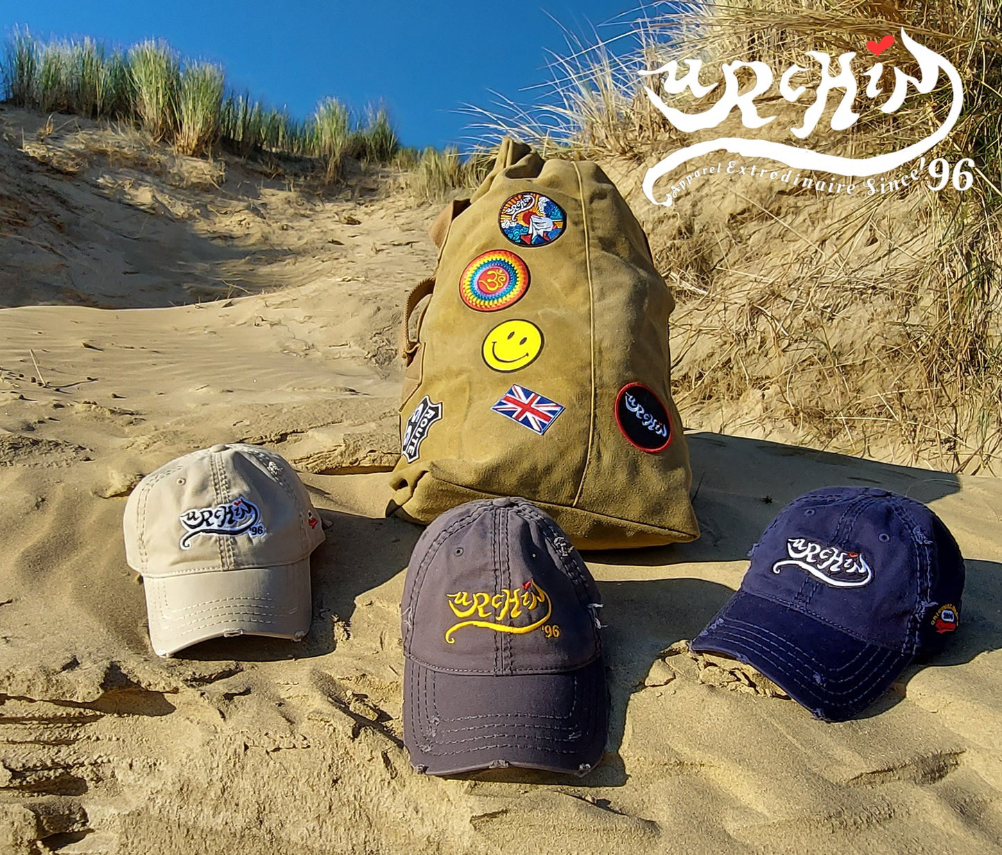 URCHIN Headwear 'Urchin 96' Logo- Baseball Cap. Gold Logo. Lightly Distressed. Embroidered front and side Design. Choice of Colours.