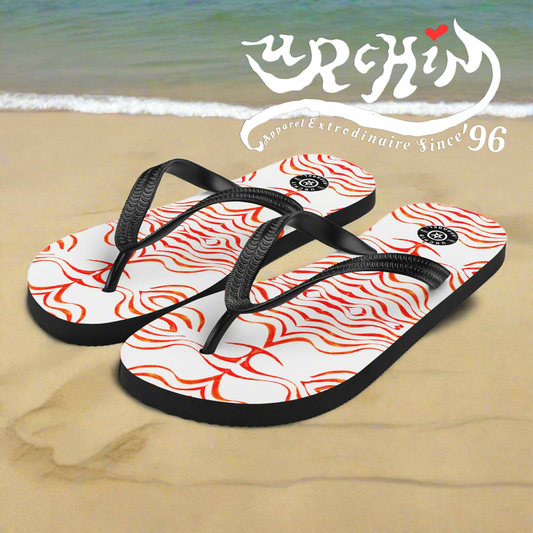 URCHIN Footwear. 'WAVE TATTOO' Red. Unisex Flip-Flops. Choice of 3 Sizes.