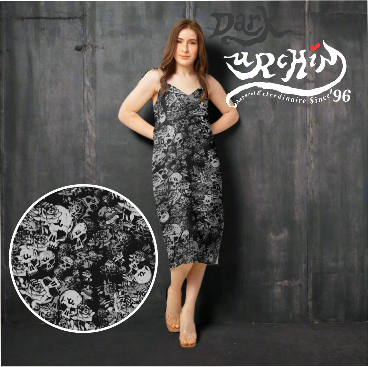 DARK URCHIN-'U Skull Storm' Skulls, Hearts Daggers, & Roses Tattoo Design. Tie-strap midi dress. Colour 'Night' (Black) Choice of Sizes.
