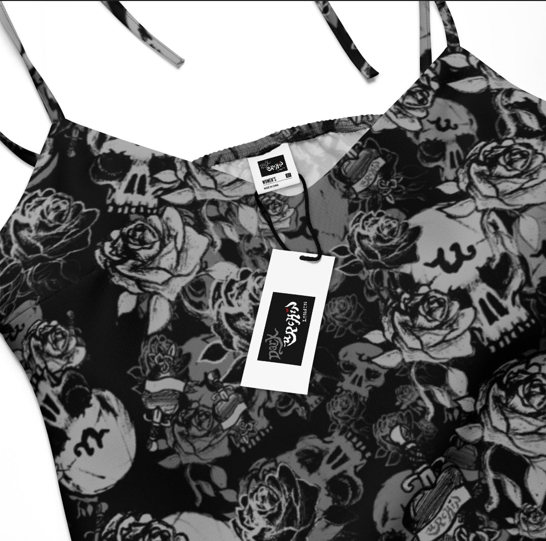 DARK URCHIN-'U Skull Storm' Skulls, Hearts Daggers, & Roses Tattoo Design. Tie-strap midi dress. Colour 'Night' (Black) Choice of Sizes.