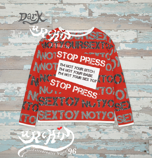 DARK URCHIN 'STOP PRESS NOT YOUR SEX TOY' Grey & Black on Red. Women’s straight bottom knitted sweater. 2XL