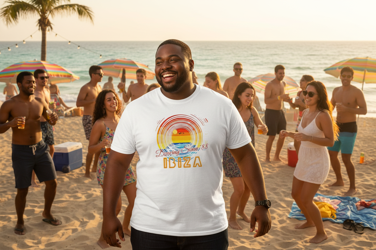 URCHIN 'Ibiza Sunset Spin'. White T Shirt. Unisex. Choice of Sizes