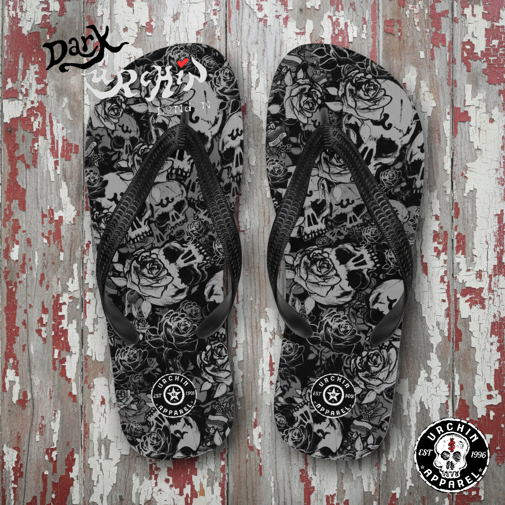 URCHIN 'Skull Storm' Black. Unisex Flip-Flops. Choice of 3 Sizes.