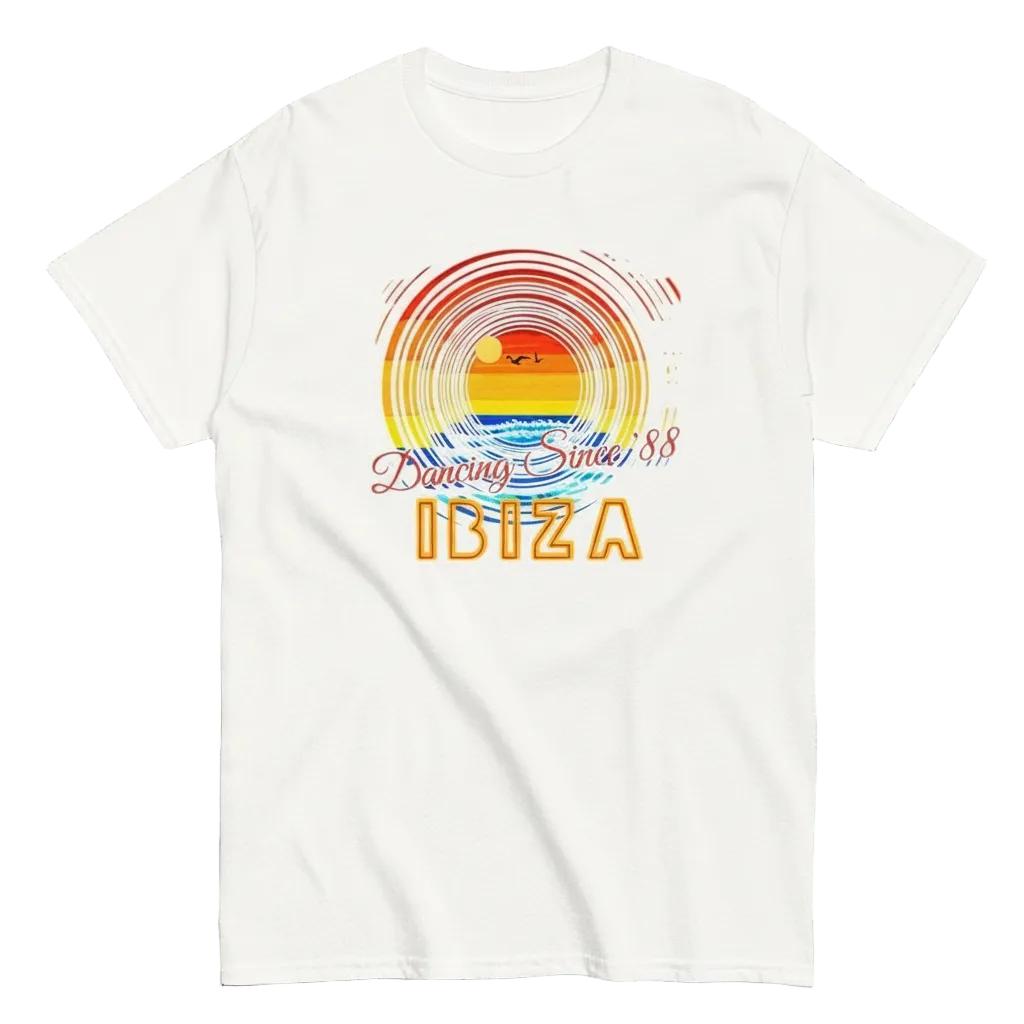 URCHIN 'Ibiza Sunset Spin'. White T Shirt. Unisex. Choice of Sizes