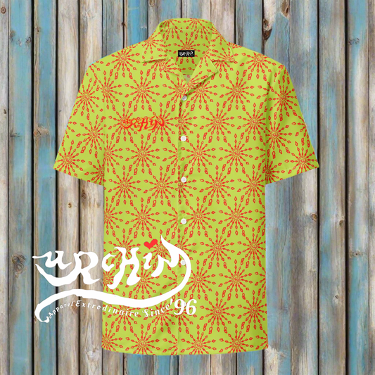 URCHIN 'U FIREWORK'. RED/LIME Unisex button shirt. Multiple Sizes.
